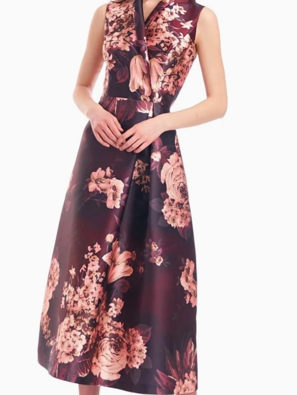 Kay Unger Whitney T Dress Fit-and-Flare Dress Deep Red with Blush Floral Print - Picture 10 of 10